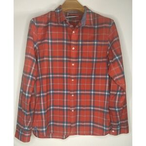 LL Bean Signature Mens orange Blue Plaid Button Down Shirt Slimmest Fit Size L